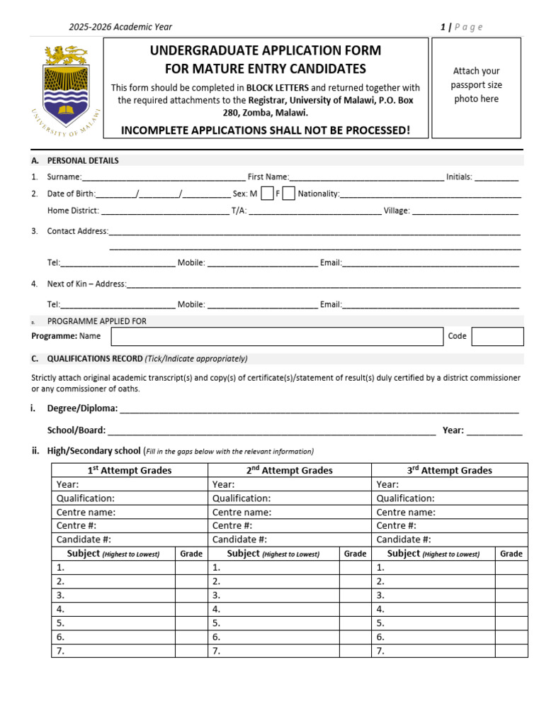 2025-2026 Malawi Undergraduate Application | PDF