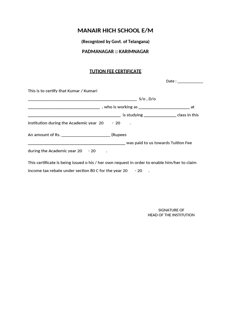 Tution Fee Certificate MHS STATE | PDF
