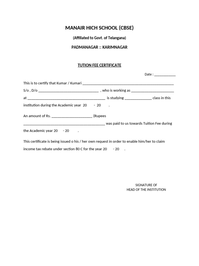 Tution Fee Certificate MHS | PDF