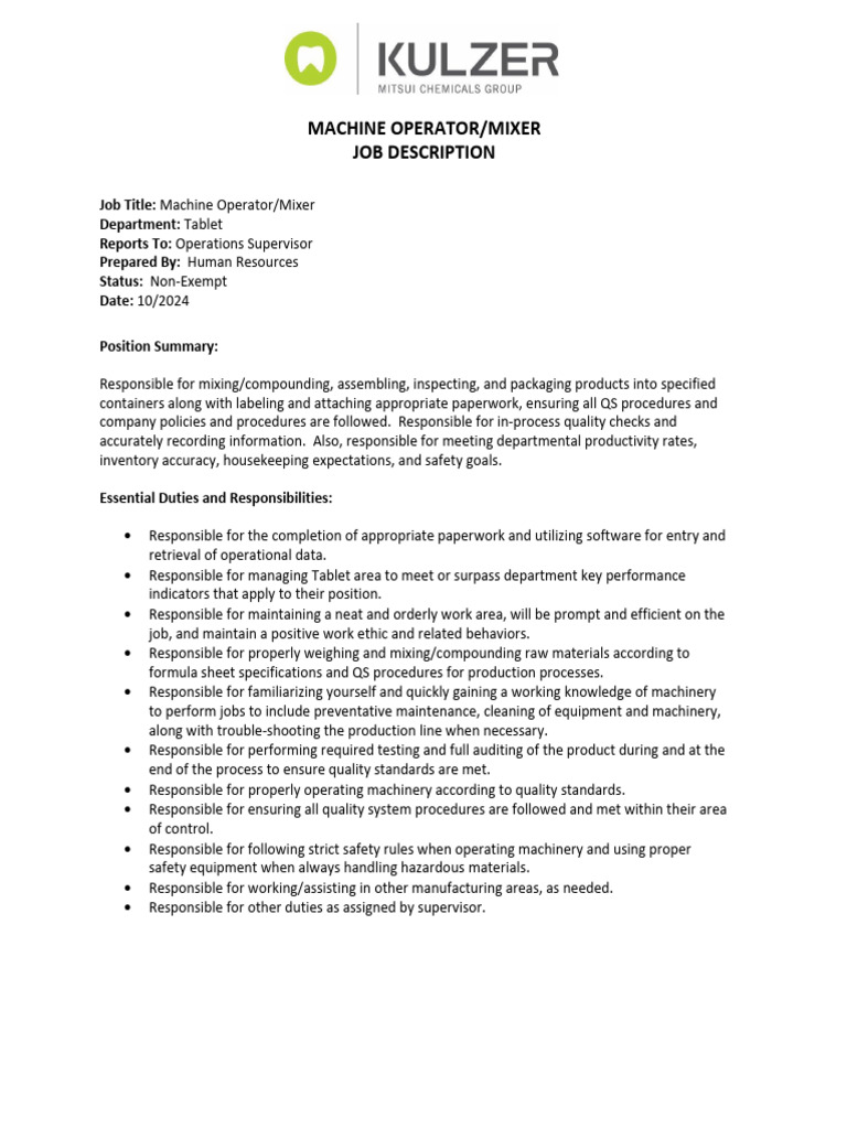 Machine Operator Mixer | PDF | Occupational Safety And Health