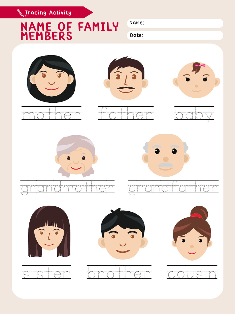 English Name of Family Members Tracing Worksheet in Cream Red White