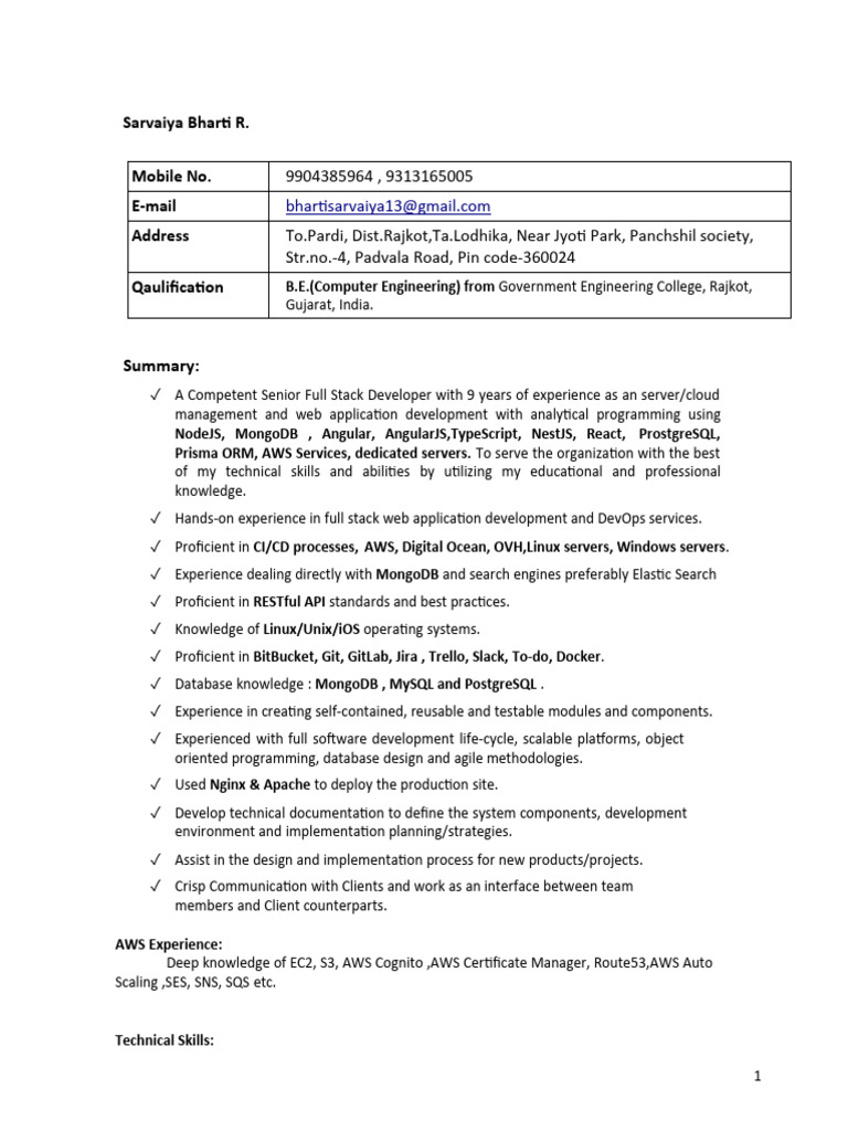 Senior Full Stack Developer Profile | PDF | Postgre Sql | Amazon Web ...