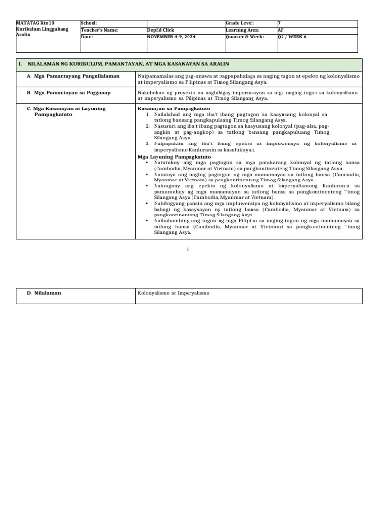 Ap 7 - DLL - Q2 - Week 6 | PDF