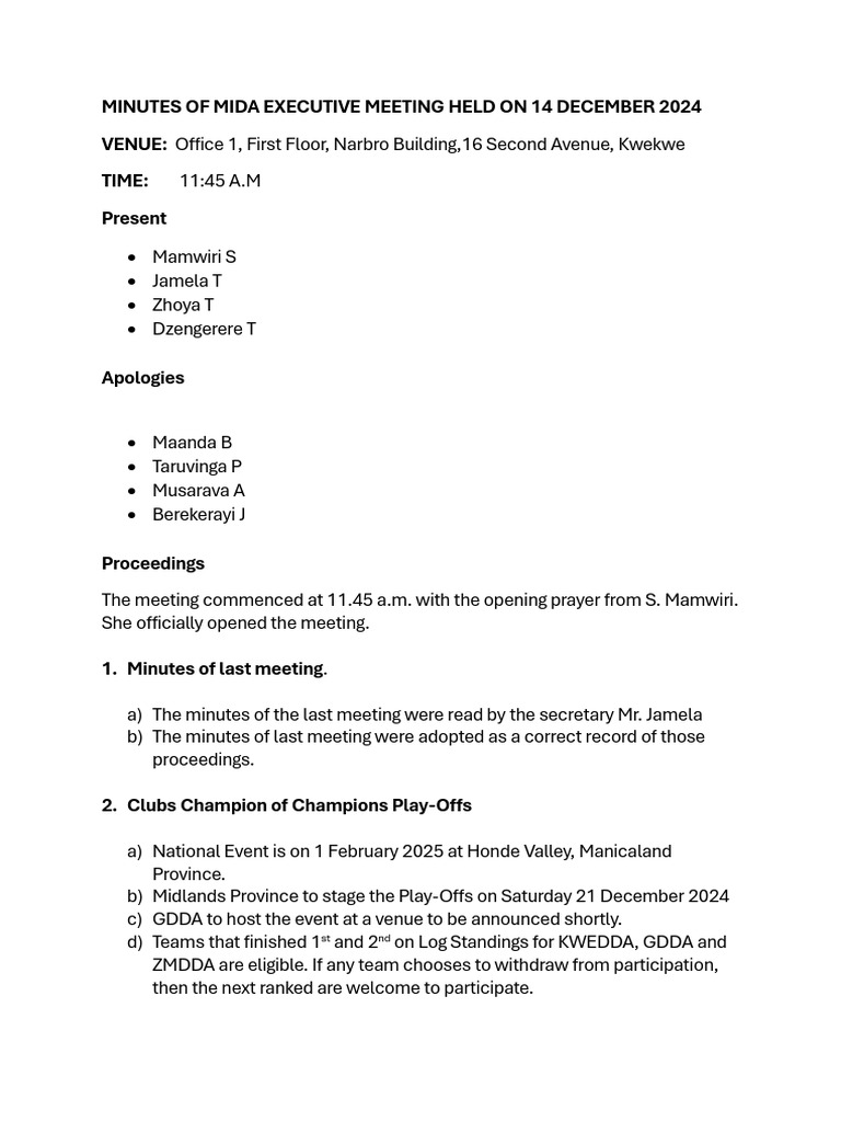 Minutes of 14 December 2024 Mida Exec Meeting | PDF | Government