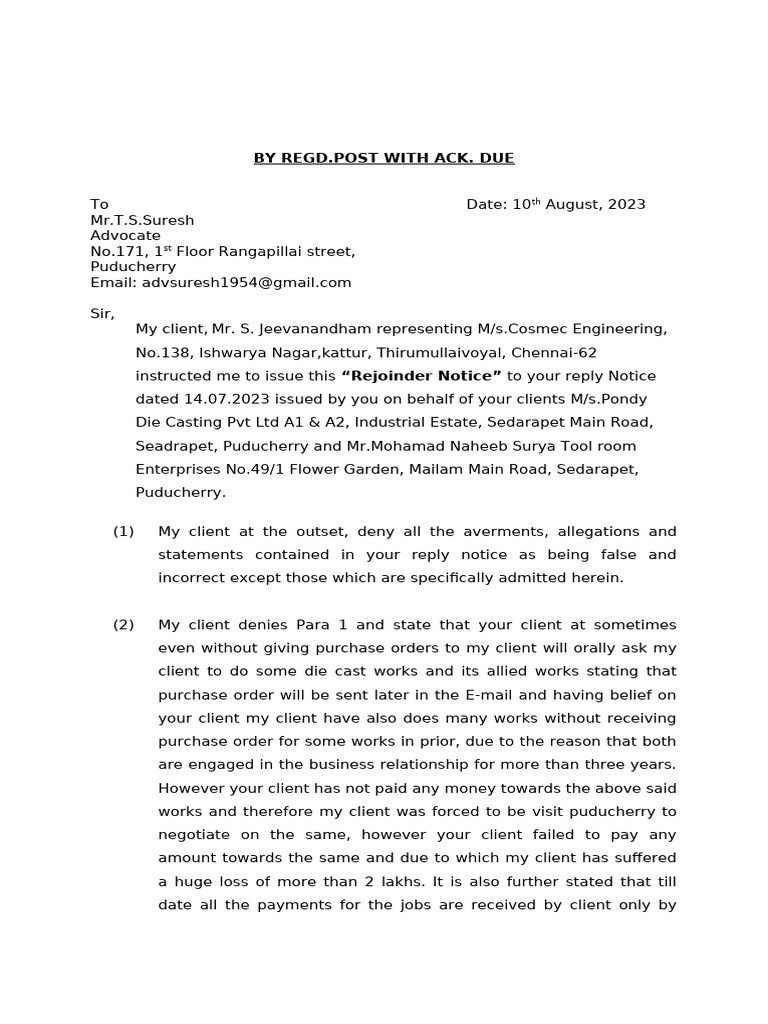 Rejoinder Notice for Payment Dispute | PDF