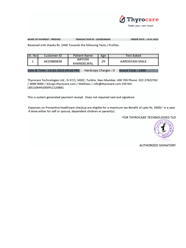 Thyrocare Payment Receipt for Tests | PDF