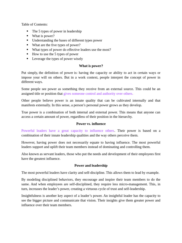 Power and Influence in Leadership | PDF | Power (Social And Political ...