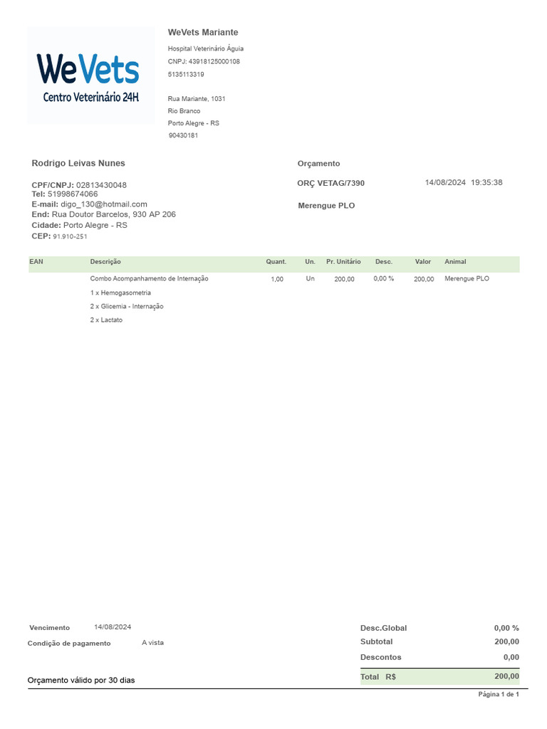Orçamento Hospital Veterinário Porto Alegre | PDF