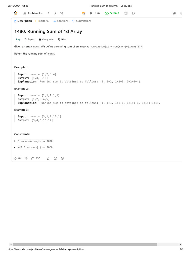 D1-P1-Running Sum of 1d Array | PDF