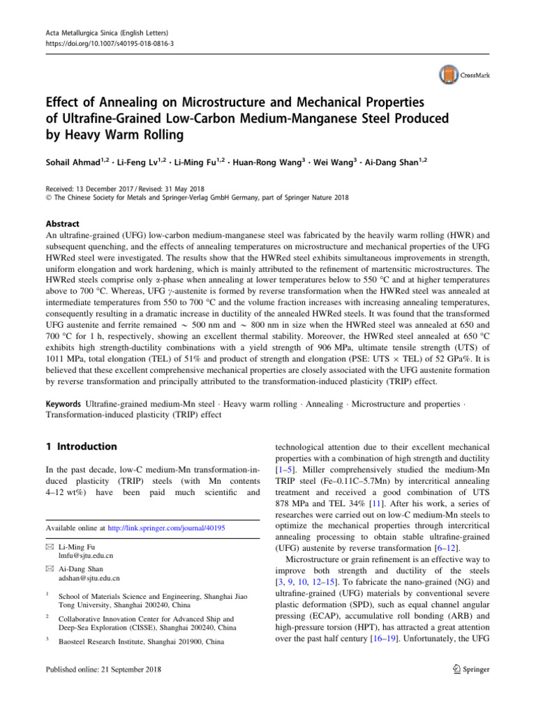 Effect of Annealing On Microstructure and Mechanical Properties of ...