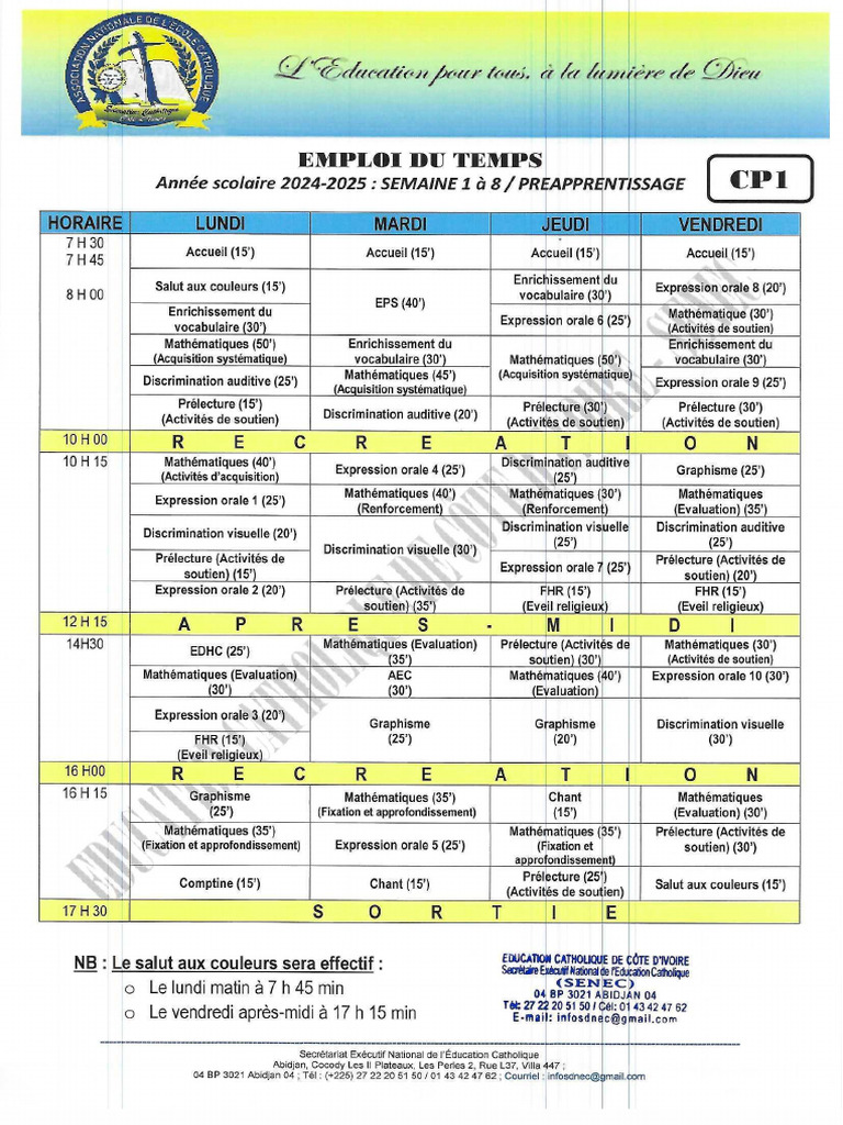 Emploi Du Temps Du Cp1 Au Cm2 Annee Scolaire 2024-2025 | PDF