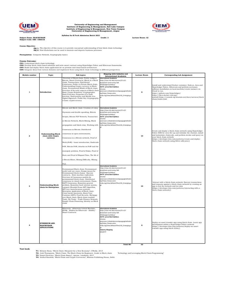 B.Tech Blockchain Course Syllabus | PDF | Bitcoin | Cryptocurrency