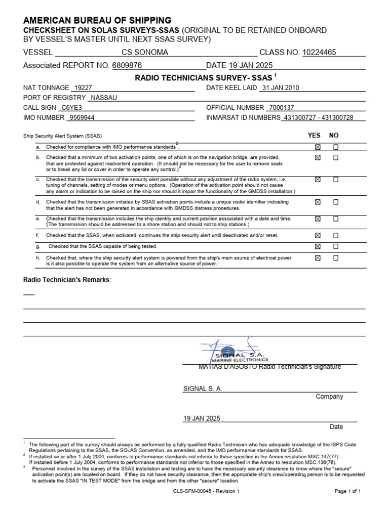 SSAS Compliance Checklist for CS Sonoma | PDF | Shipping | Water Transport