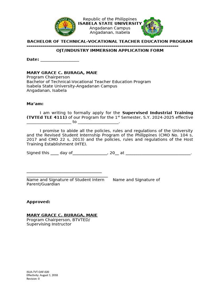 OJT Application for BTVTEd Students | PDF