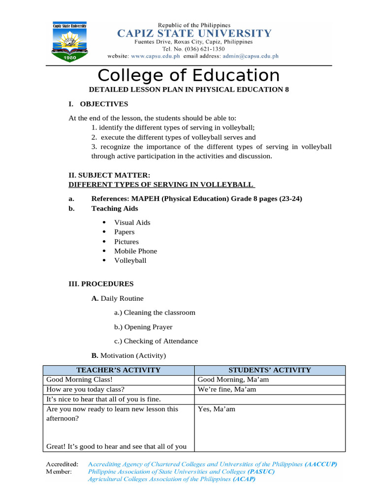 Lesson Plan In Volleyball 28 Pdf Volleyball Lesson Plan