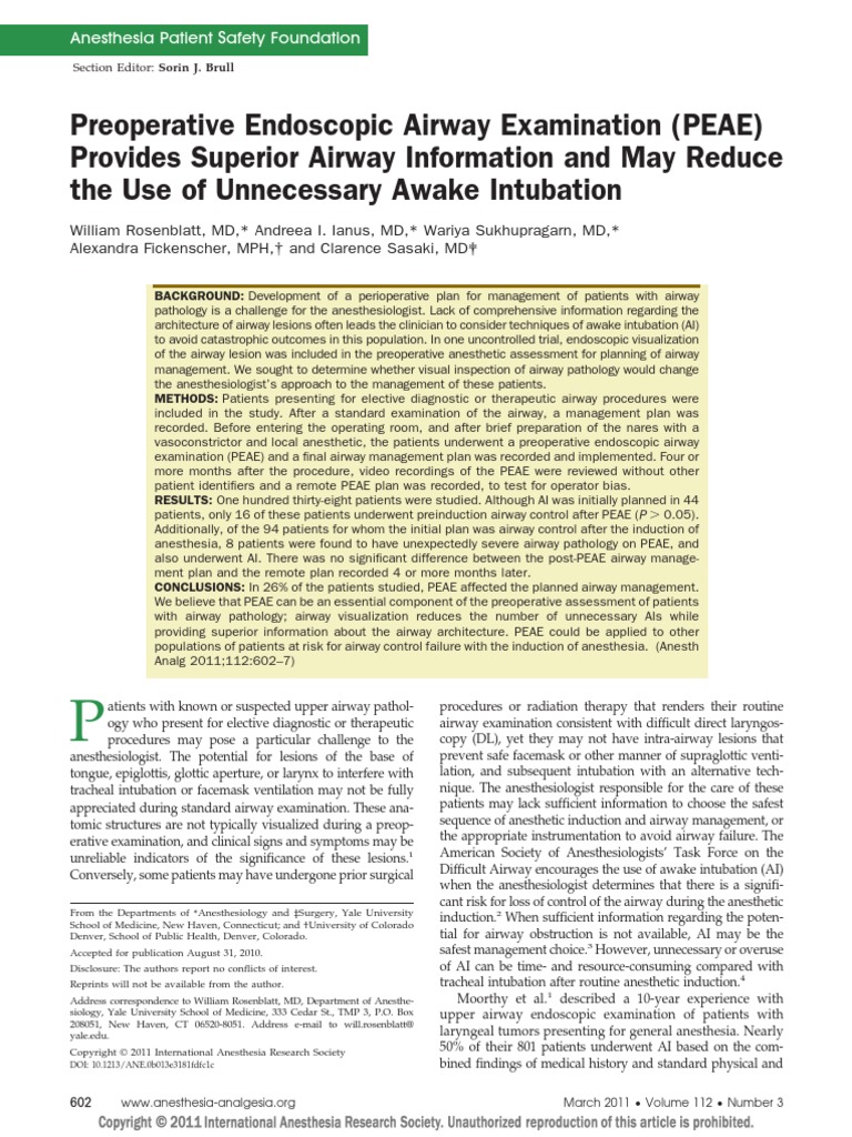 2011 Preoperative Endoscopic Airway Examination (PEAE) Provides