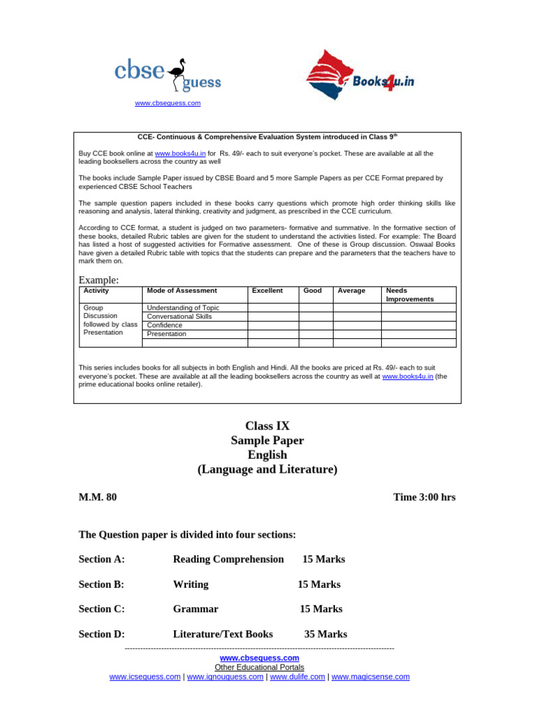 CCE Sample Papers for Class 9 Students | PDF | Linguistics