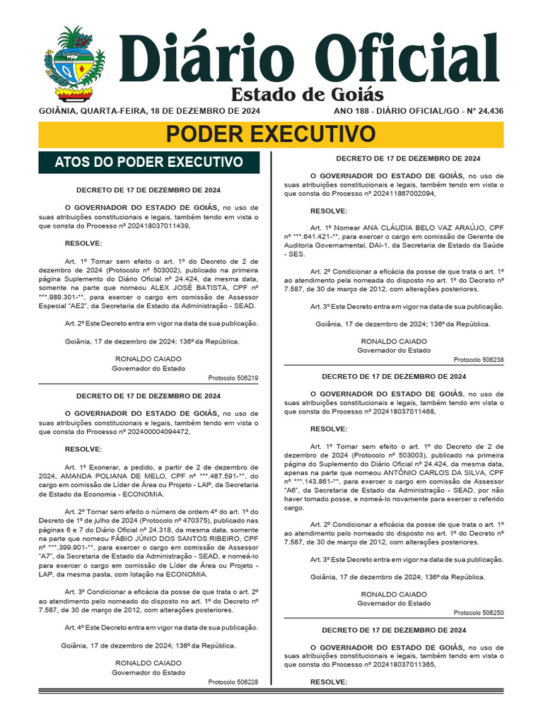 Atos do Poder Executivo em Goiás | PDF | República | Secretário de Estado