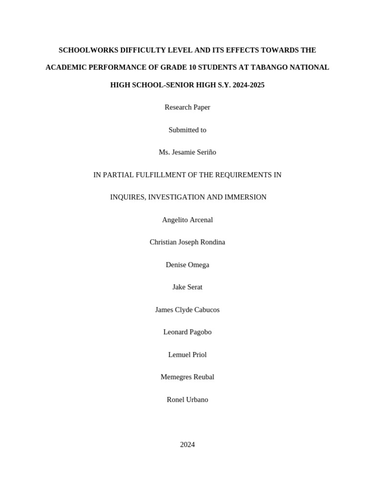 Schoolworks Difficulty Level and Its Effects Towards The Academic ...