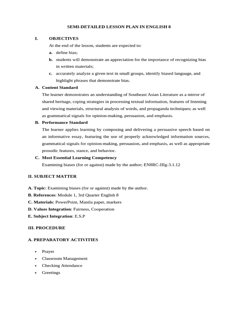 Semi Detailed Lesson Plan Bias 8 English | PDF | Bias | Learning