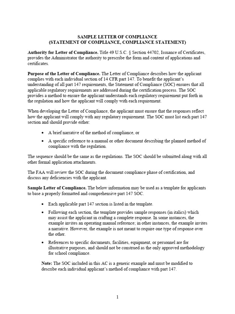 Sample Letter of Compliance (1) PDF Regulatory Compliance Federal