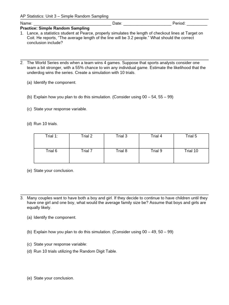 AP Statistics: Simple Random Sampling Guide | PDF | Sampling ...