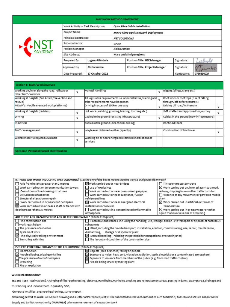 Safe Work Method for Fiber Optic Installation | PDF | Driving | Optical ...