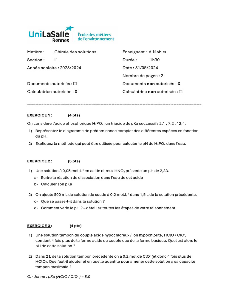 Chimie des solutions : Exercices et pH | PDF