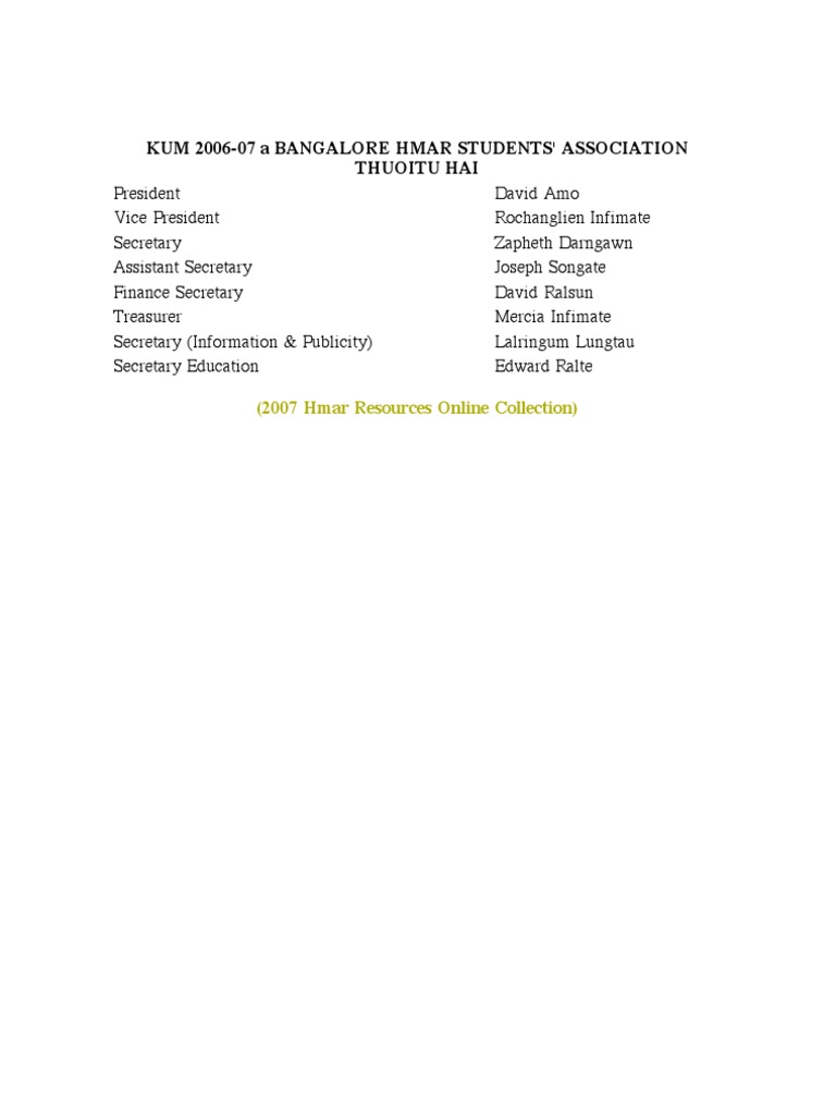 Bangalore Hmar Students Assoc. 2006-07 | PDF | Social Science