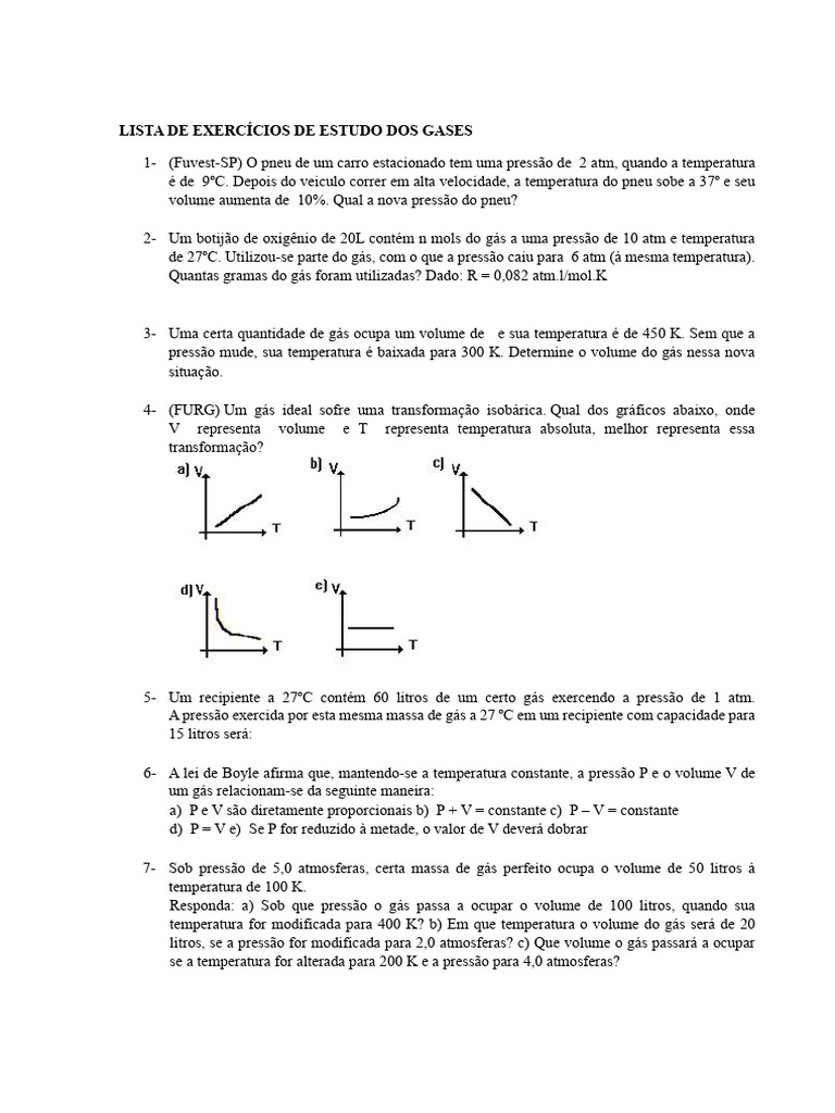 Lista de Exercícios sobre Gases | PDF