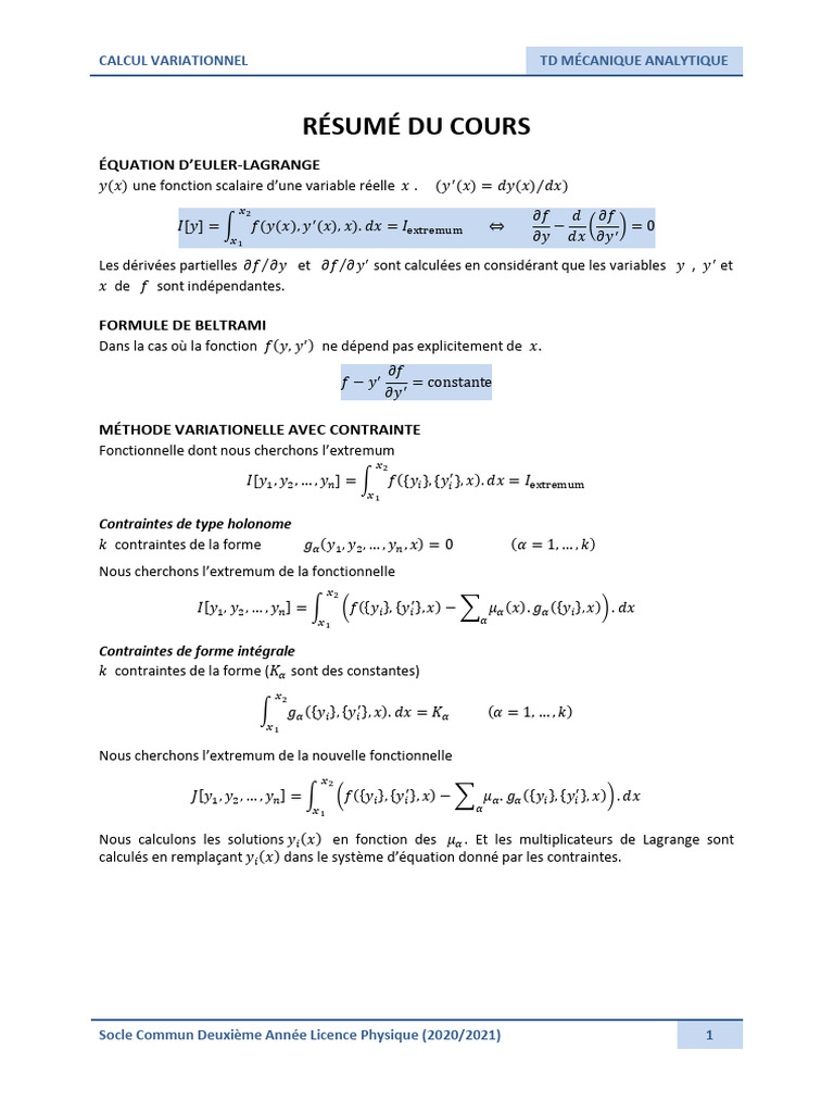 Calcul Variationnel en Mécanique Analytique | PDF | Calcul des ...
