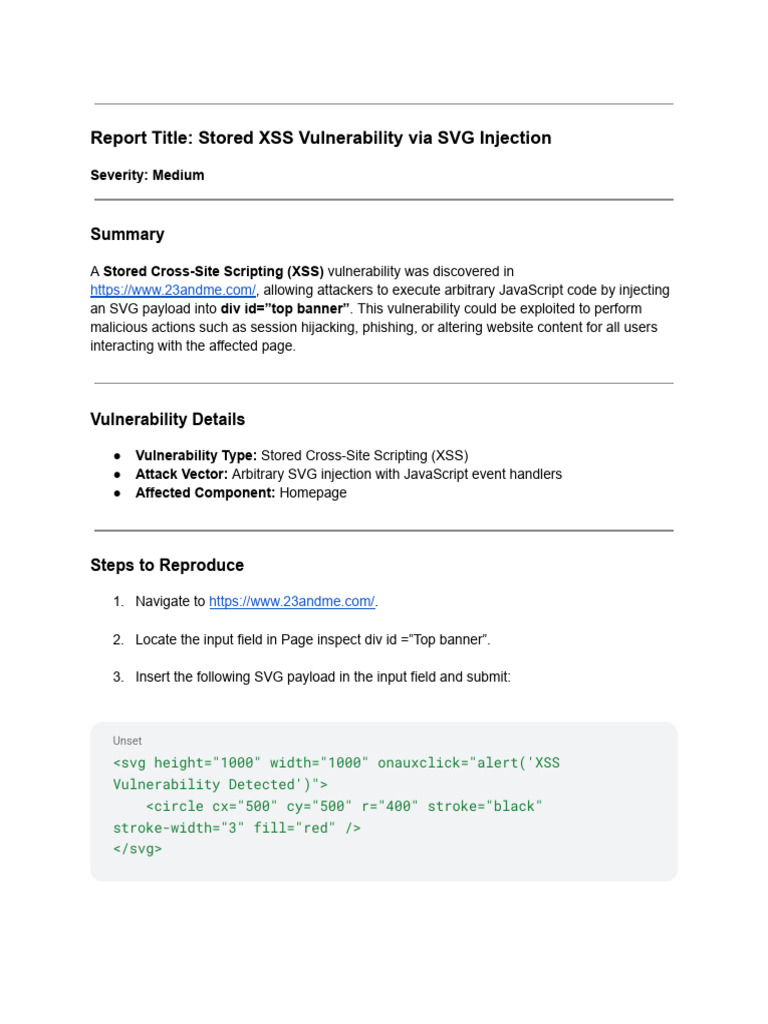 Stored XSS SVG Injection Report 23andme | PDF | Java Script ...