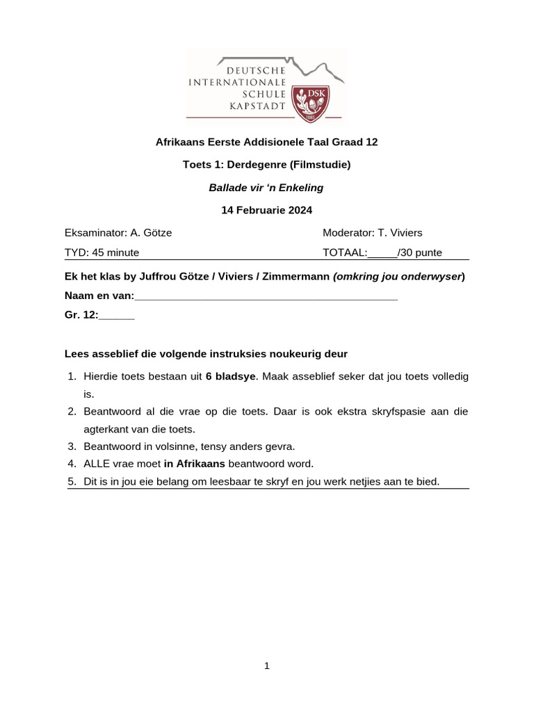 Afr12 Portefeulje Toets-01 Ballade 2024 | PDF