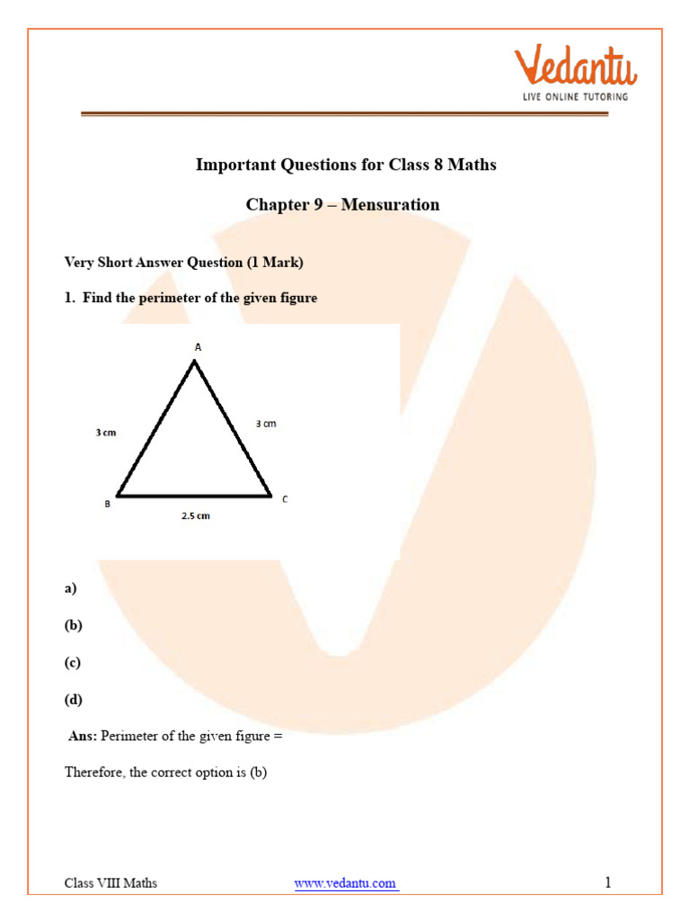Class 8 Mensuration Important Questions | PDF | Area | Volume