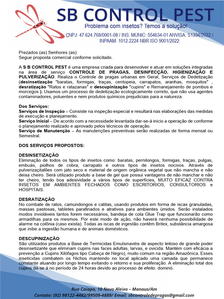 Proposta de Controle de Pragas SB Control | PDF