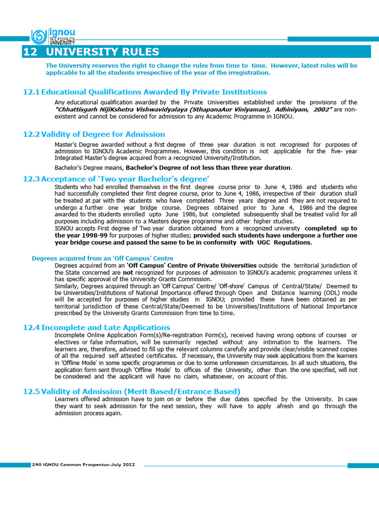 IGNOU University Rules Overview | PDF | Academic Degree | University ...