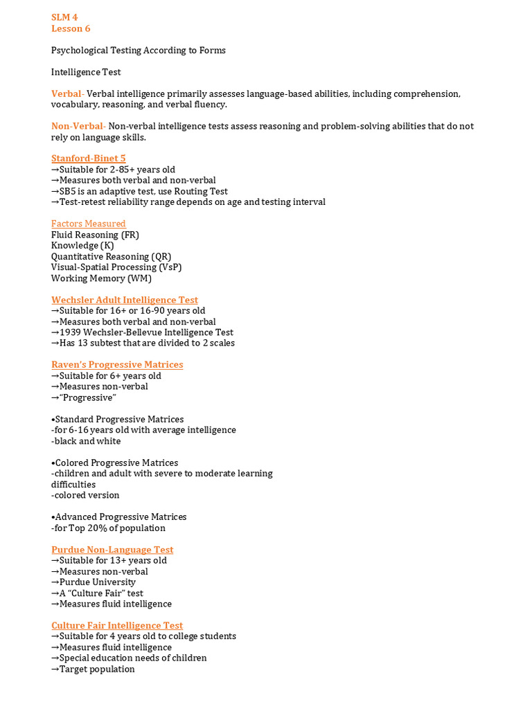 Overview of Psychological Testing Types | PDF | Wechsler Adult ...