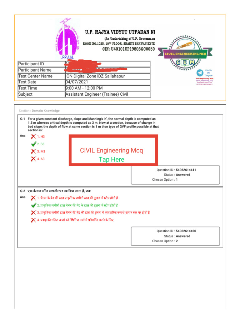 UPRVUNL AE 2021 CIVIL ENGINEERING MCQ PAPER (Ces) | PDF | Latitude ...