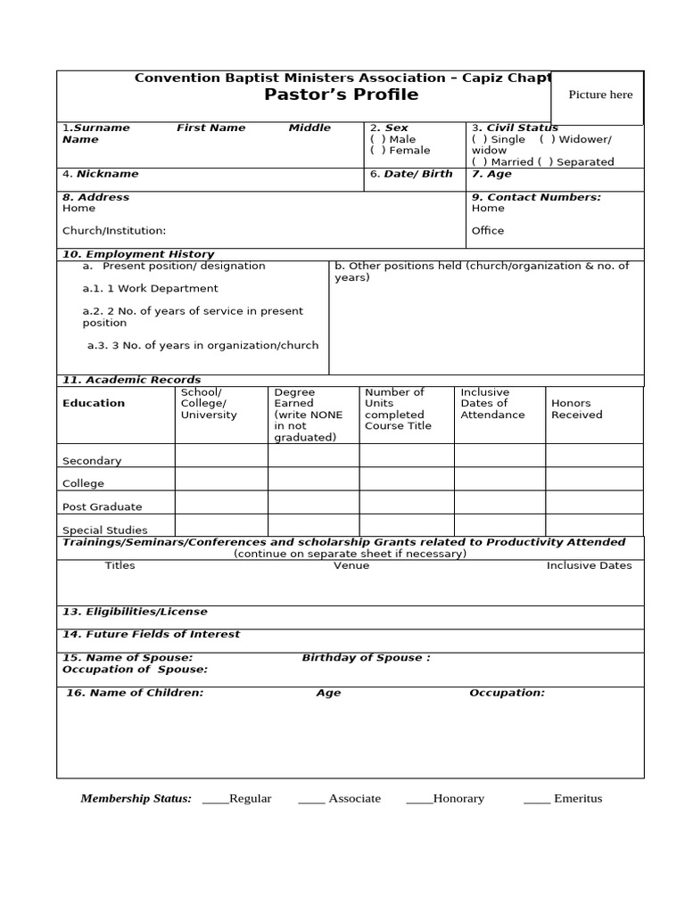 Pastor Profile Form - Capiz Chapter | PDF
