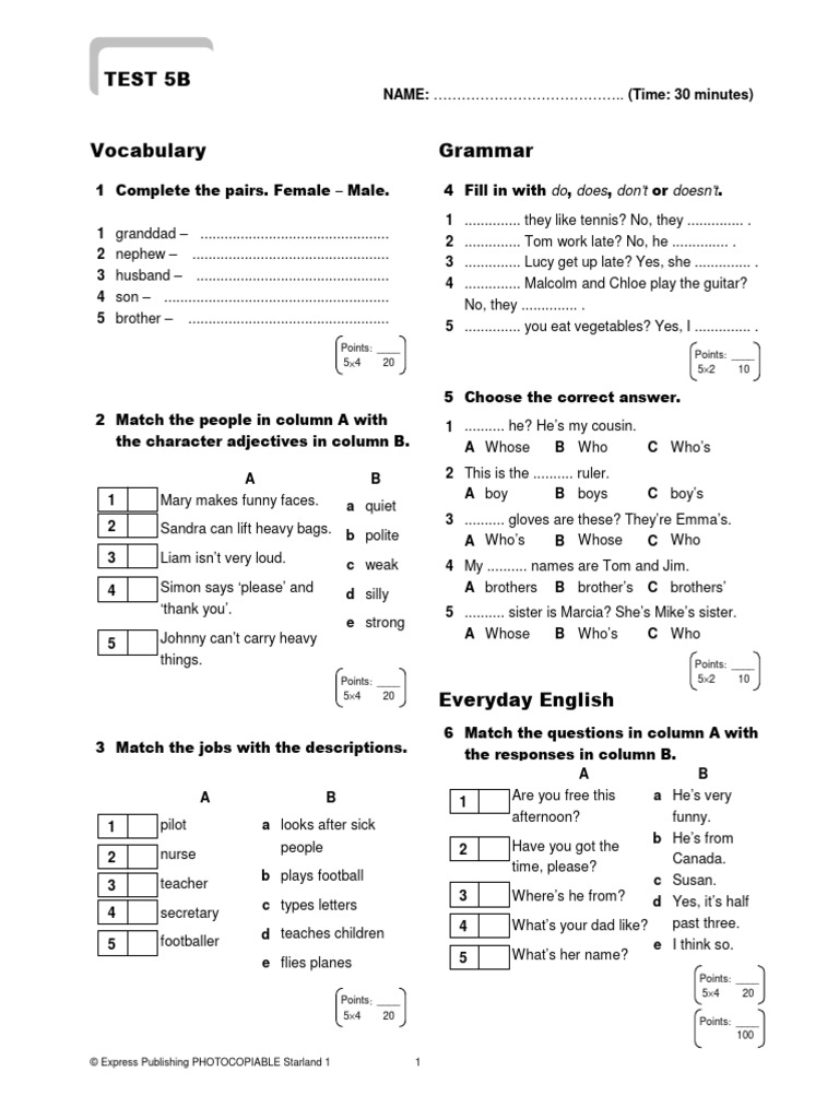 Vocabulary and Grammar Test 5B | PDF
