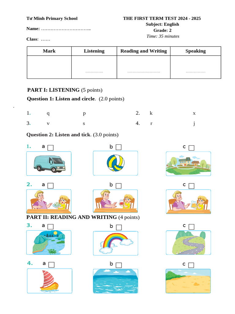 Grade 2 English First Term Test 2024 | PDF