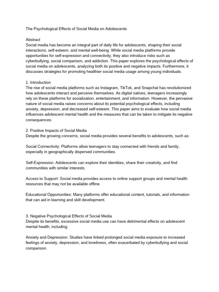 The Psychological Effects of Social Media On Adolescents | PDF | Social ...