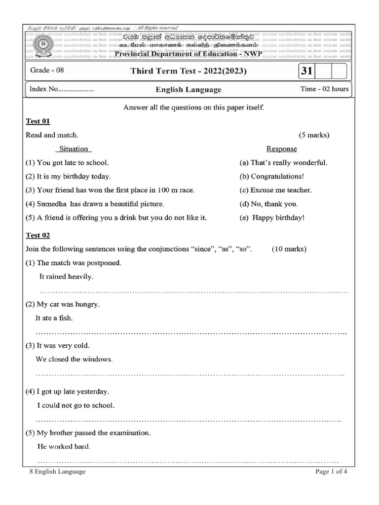 Grade 8 English 3rd Term Test Paper | PDF