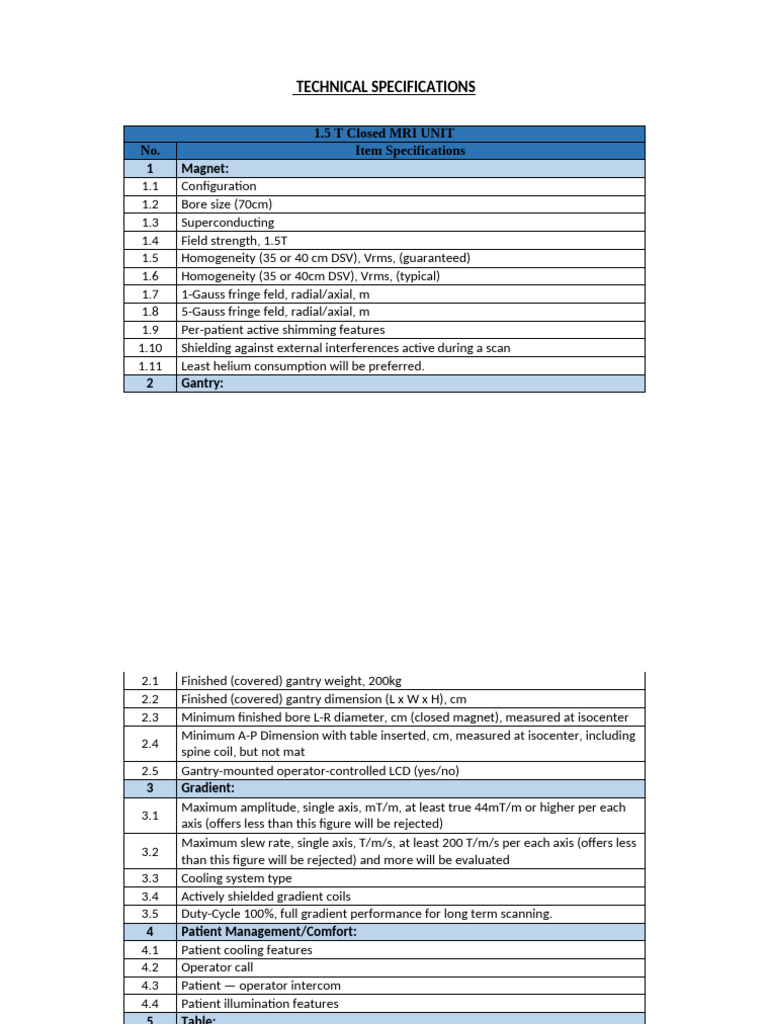1.5T Closed MRI Unit Specifications | PDF | Magnetic Resonance Imaging ...