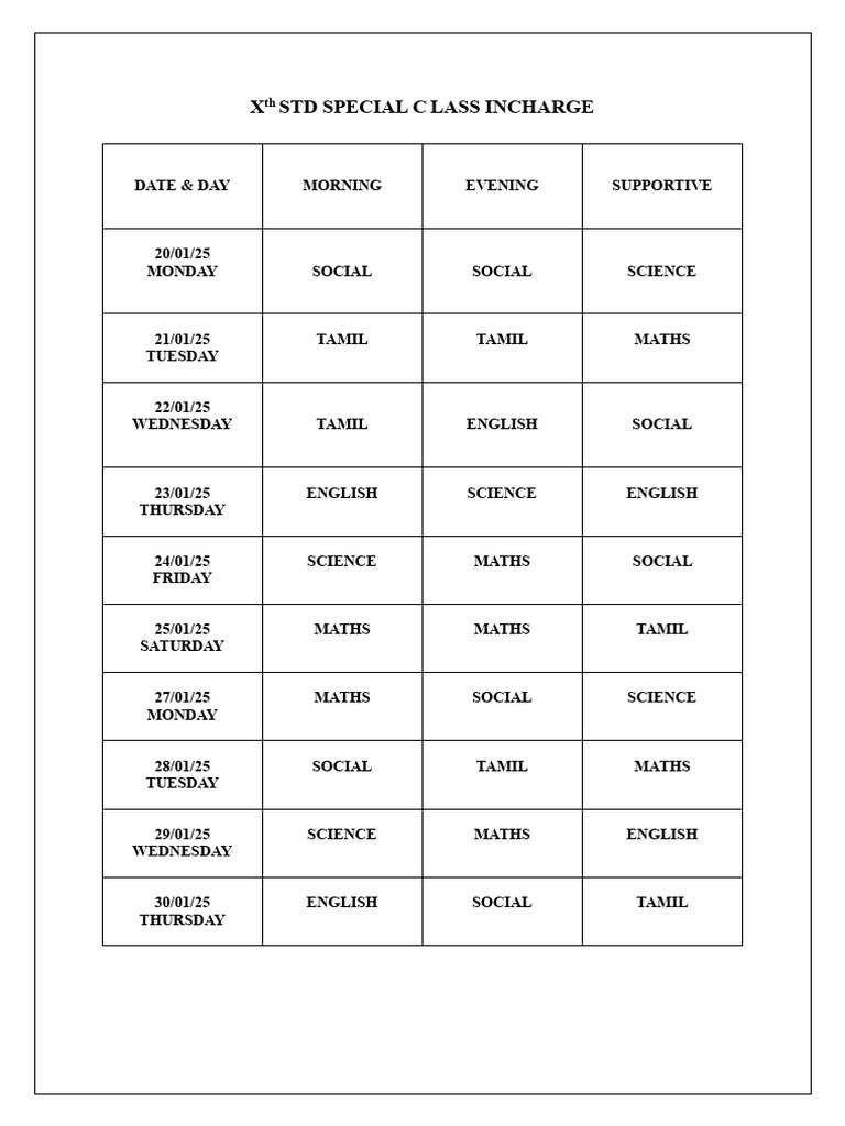 Xth STD Class Schedule January 2025 | PDF