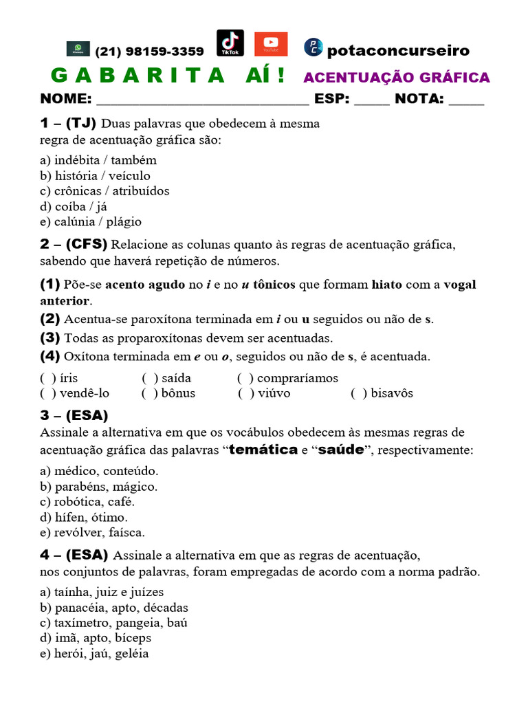 Acentuação Gráfica: Questões e Respostas | PDF | Estresse (Linguística ...