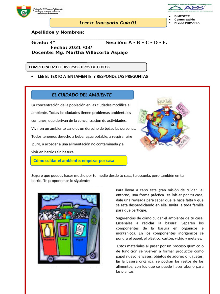 Cuidado del Ambiente en Casa: Guía Escolar | PDF | Residuos | Materiales