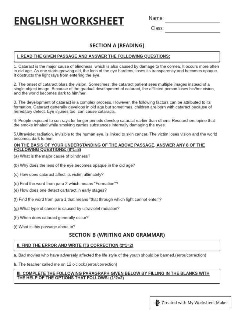 English Worksheet on Cataracts and Grammar | PDF | Cataract | Eye