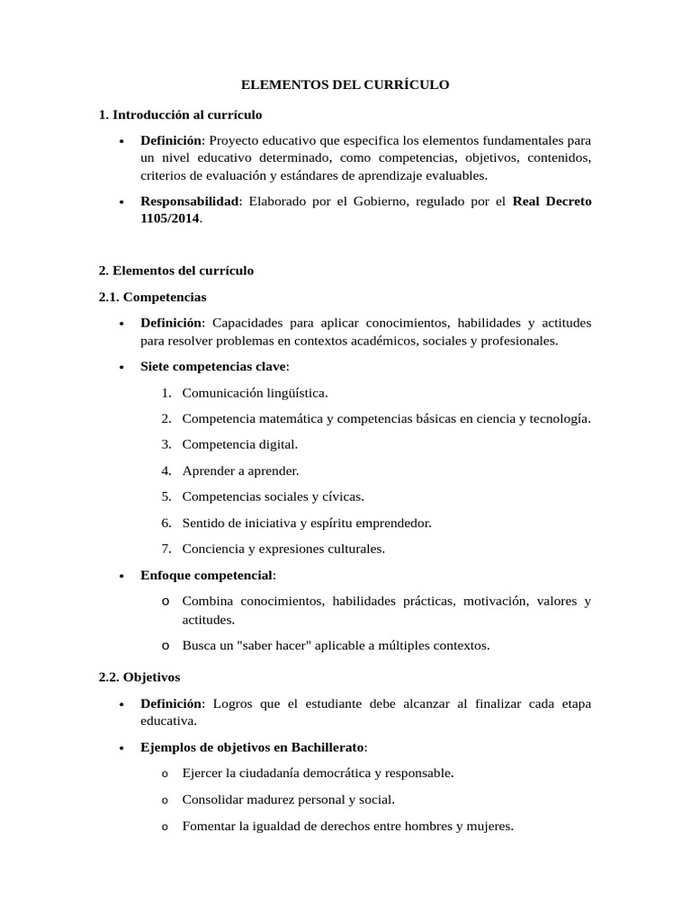 Elementos Del Currículo - Apuntes | PDF | Plan de estudios | Aprendizaje