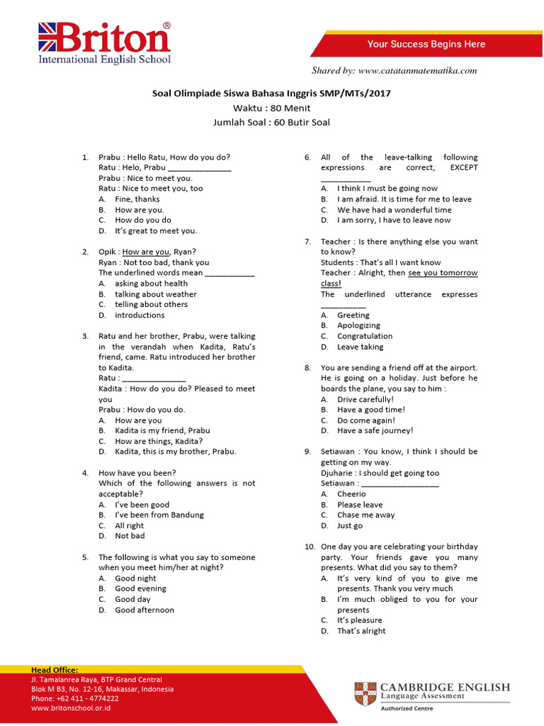 English Olympiad Questions for SMP/MTs | PDF